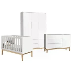 Quarto Infantil Classic 3 Portas Branco Fosco Com Pés Madeira Natural Reller Móveis