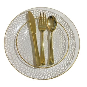 Kit Jantar 12 Pratos Acrílico Borda Prata 25Cm +18 Talheres