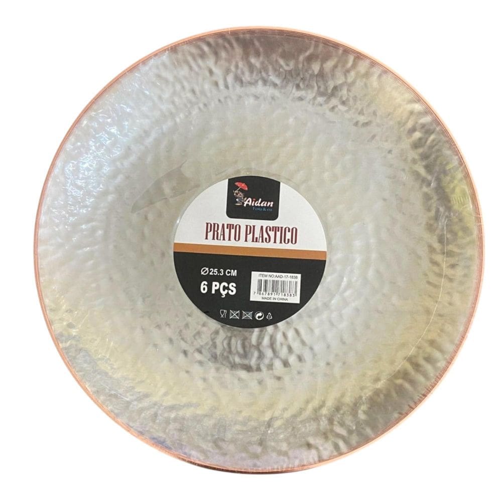 Kit 12 Pratos Redondo Transparente Acrílico Borda Rosê 25Cm