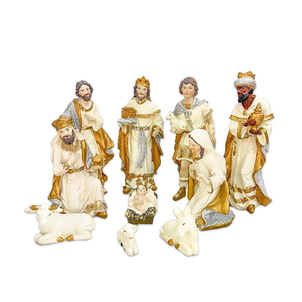 Presépio Completo 10 Peças Resina Dourado Enfeite Natal