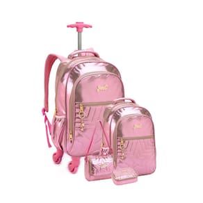Kit Mochila Rodas + Costas+Lancheira+Estojo Metalico Rosa