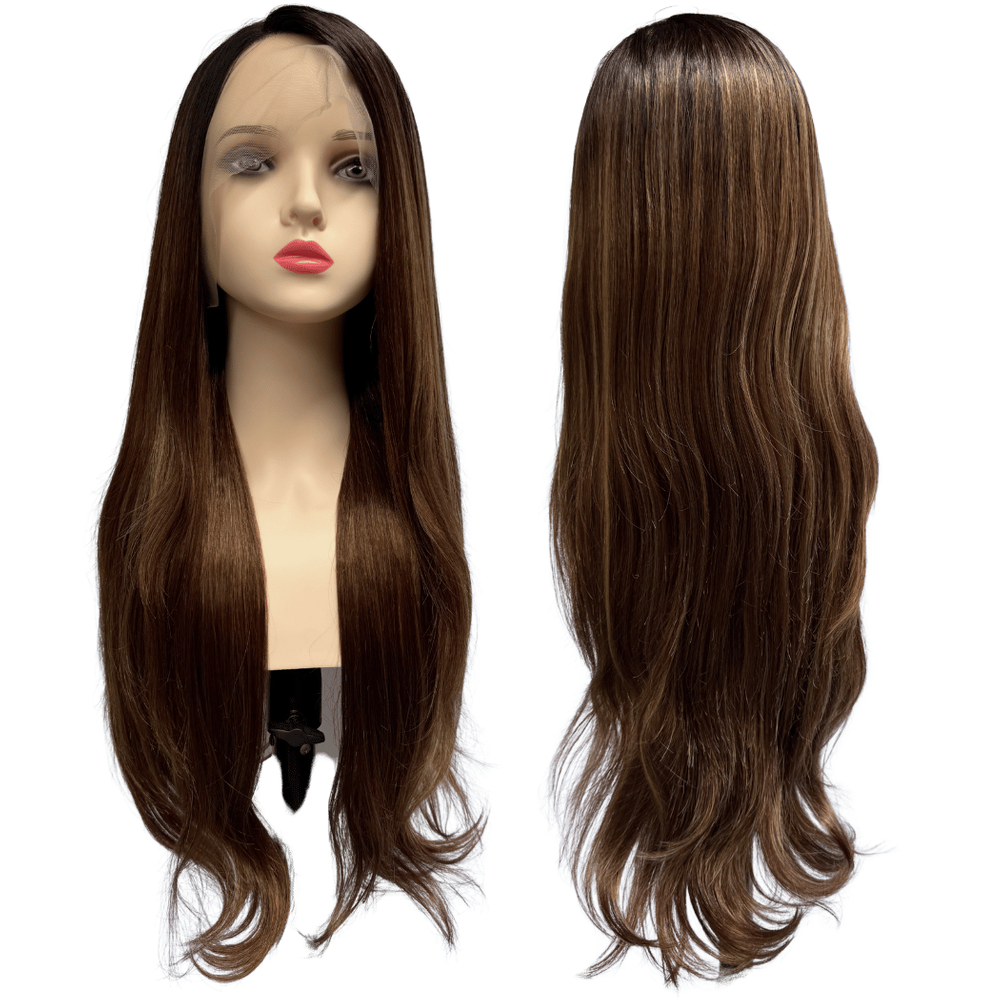 Peruca front lace HD orgânica castanho claro mechado R43327