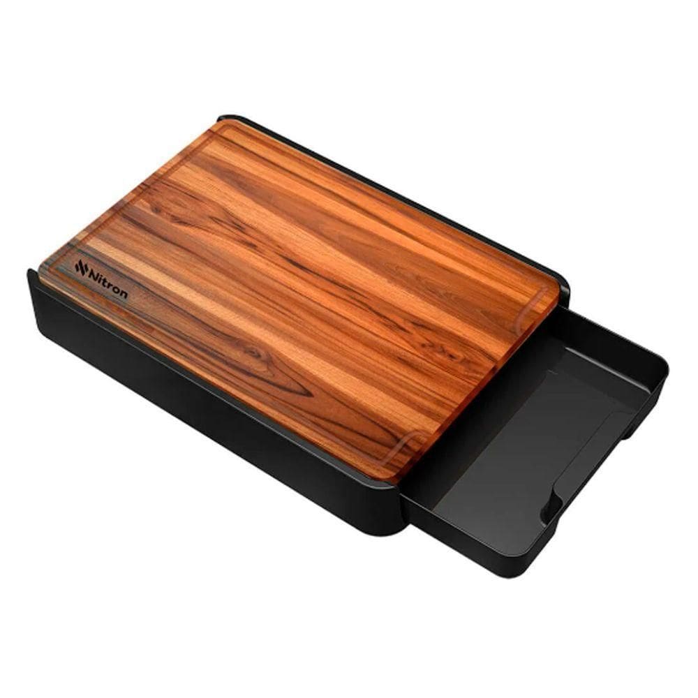 Tábua De Corte Em Madeira Teca Com Suporte E Gaveta Para Carnes Legumes Vegetais