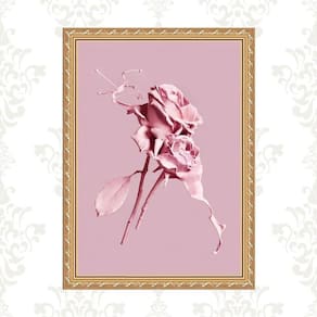Quadro Moldura Dourada Flores Rosas - Tinta 45X34Cm