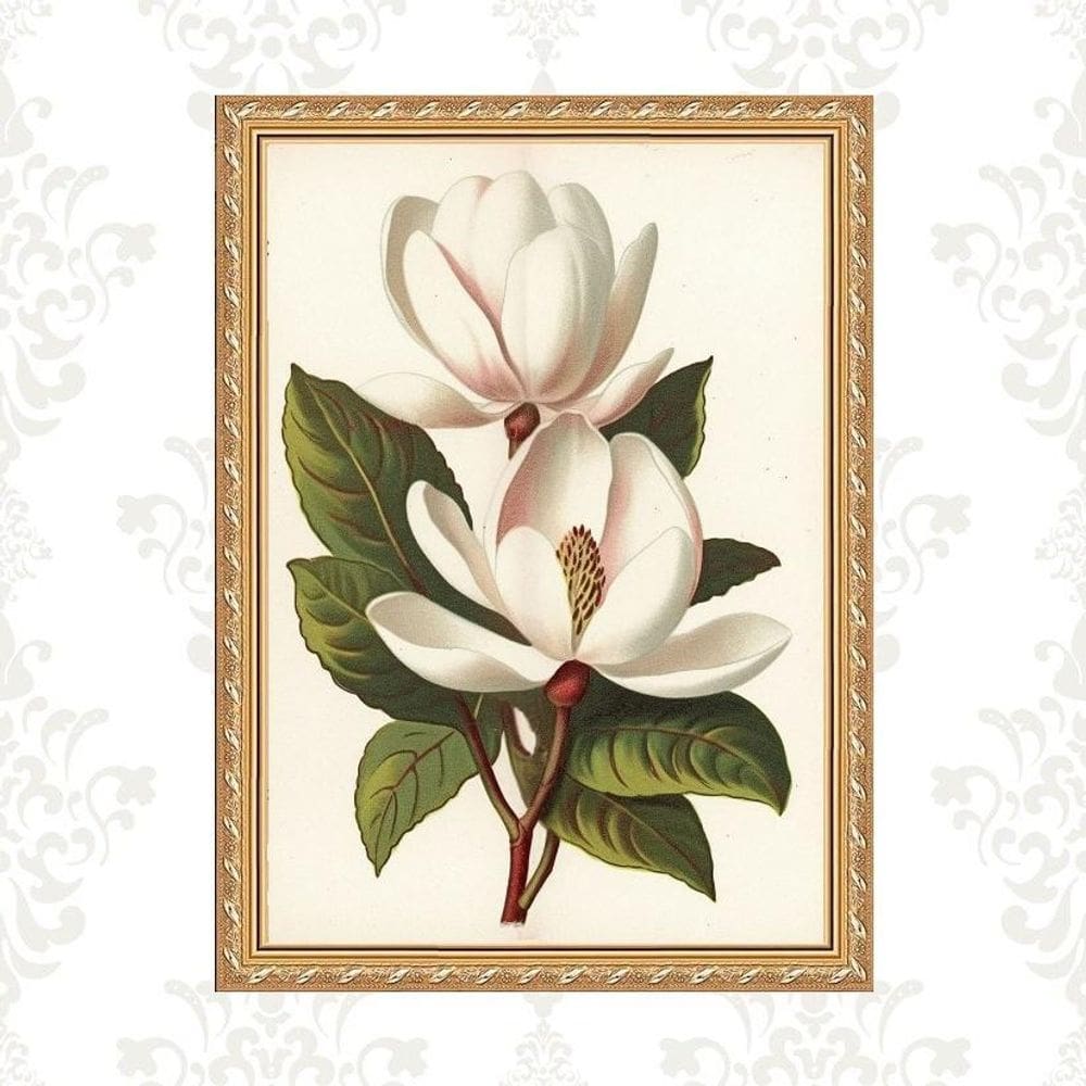 Quadro Moldura Dourada Flores Magnólia 24X18Cm