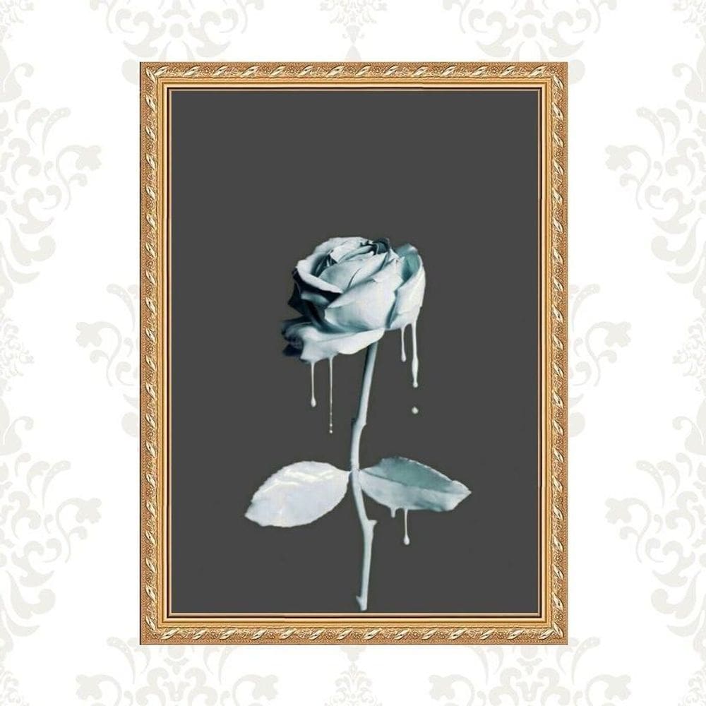Quadro Moldura Dourada Flor Tinta Azul 45X34Cm