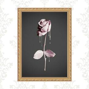 Quadro Moldura Dourada Flor Rosa E Cinza 45X34Cm