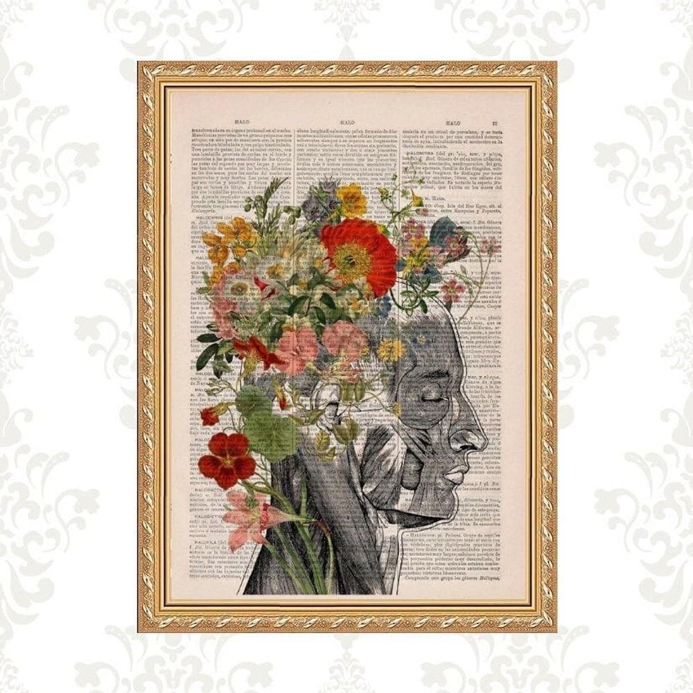 Quadro Moldura Dourada Cérebro Com Flores 33X24Cm