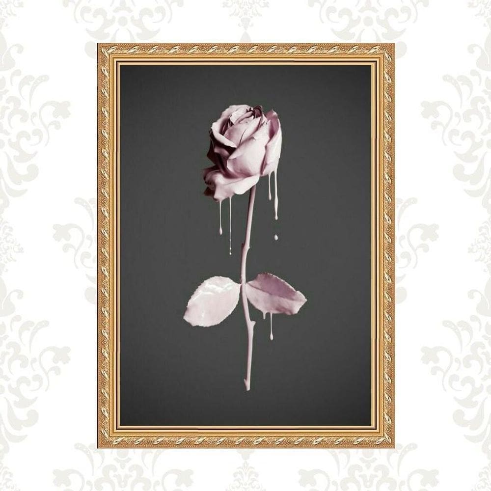 Quadro Moldura Dourada Flor Rosa E Cinza 33X24Cm