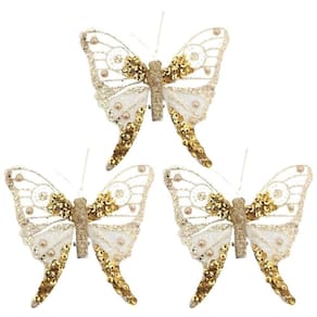 Kit 3 Borboletas Decoradas Glitter E Lantejoulas Champanhe Gold Luxo 8cm - Magizi