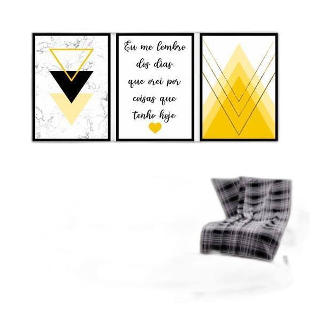 Kit 3 Quadros Geométrico Eu Lembro Amarelo 60X40Cm Preta