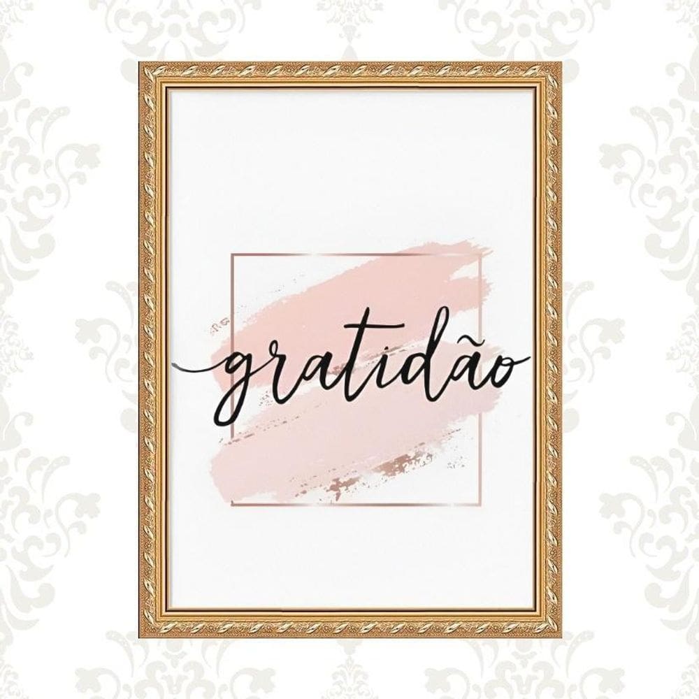 Quadro Moldura Dourada Gratidão Rosê 45X34Cm