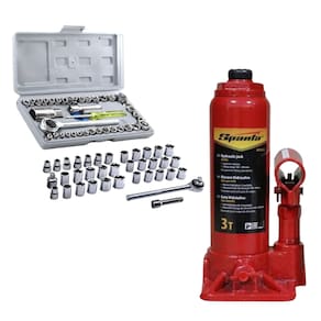 Kit Macaco Hidráulico Garrafa 3 Toneladas Sparta + Jogo de Soquete 1/4 - 3/8 Com 40 Peças Fasterr