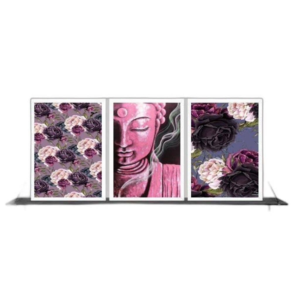 Kit 3 Quadros Buda Rosa Flores 45X34Cm Moldura Branca