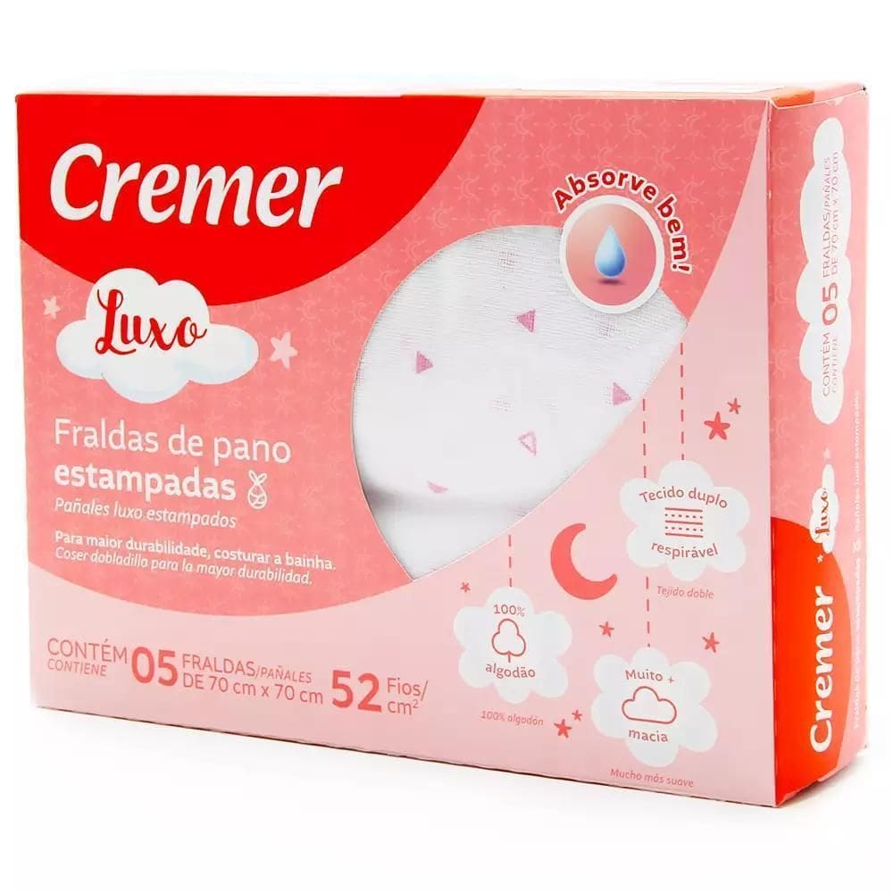 Caixa 5 Fralda De Pano Estampa Rosa 70X70Cm Qualidade Cremer