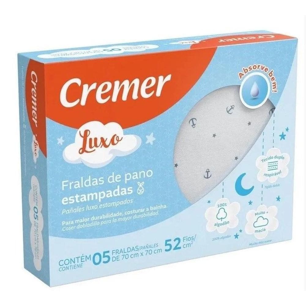 Caixa 5 Fralda De Pano Estampa Azul 70X70Cm Qualidade Cremer