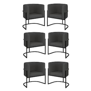 Kit 06 Cadeiras Poltrona Sala Quarto Base Preta Corino Cinza
