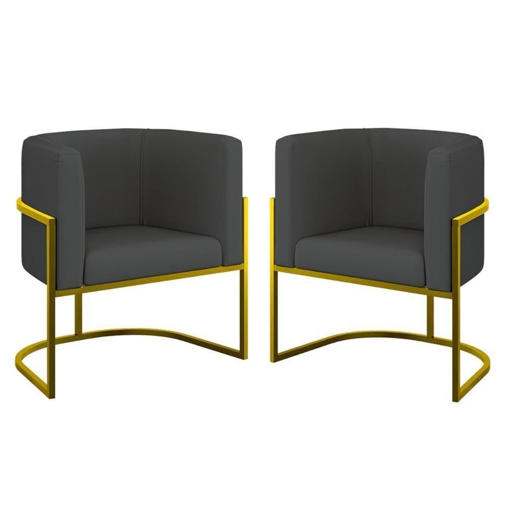 Kit 02 Cadeiras Poltrona Sala Quarto Base Metal Gold Corino Cinza
