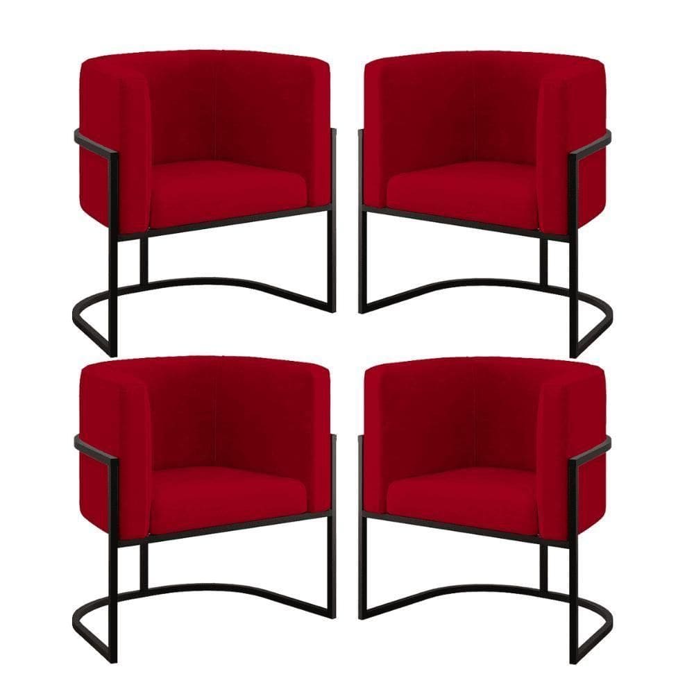 Kit 04 Cadeiras Poltrona Para Sala Quarto Base De Metal Preta Vermelho