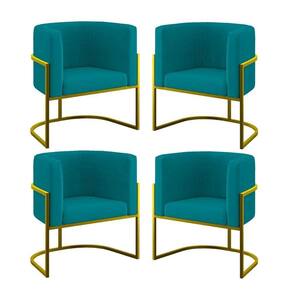 Kit 04 Cadeiras Poltrona Para Sala Quarto Base De Metal Gold Azul Turquesa