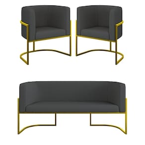 Kit 2 Cadeiras Poltronas + Sofá 2 Lugares Base Gold Corino Cinza