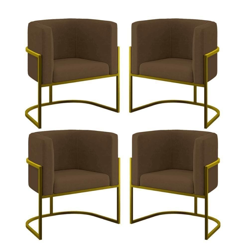 Kit 04 Cadeiras Poltrona Para Sala Quarto Base De Metal Gold Marrom