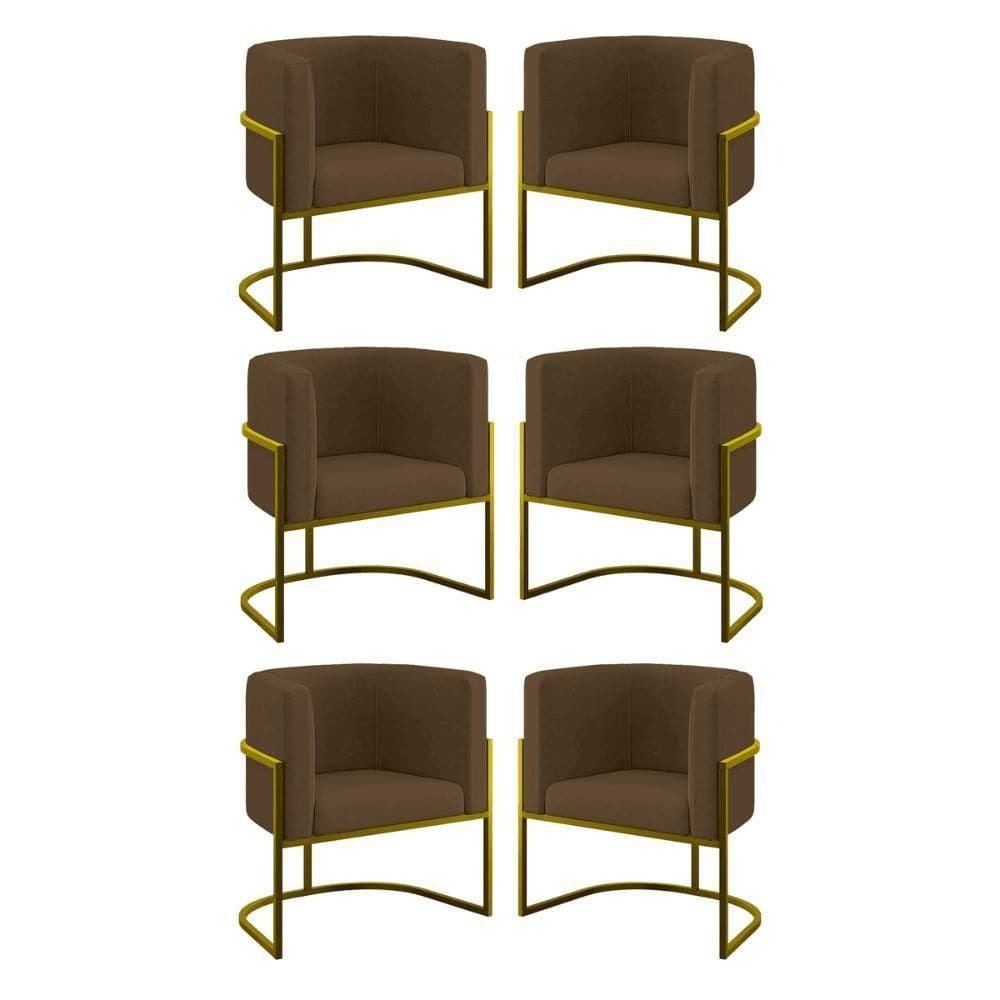 Kit 06 Cadeiras Poltrona Para Sala Quarto Base De Metal Gold Marrom