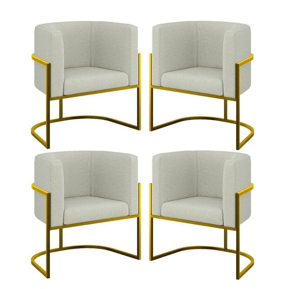 Kit 04 Poltronas Lua Sala Decorativa Base Ferro Gold Bouclê Bege