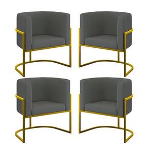 Kit 04 Cadeiras Poltrona Sala Quarto Base Metal Gold Veludo Cinza