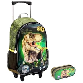 Kit Mochila Escolar Dinossauro T-Rex Rodinha Tam G Estojo