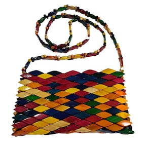 Bolsa Artesanal Peça Madeira Envernizada Colorida Alça Longa