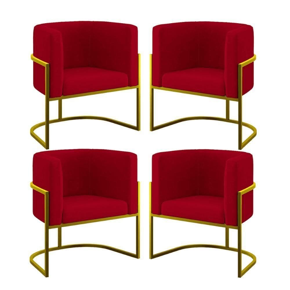Kit 04 Cadeiras Poltrona Para Sala Quarto Base De Metal Gold Vermelho