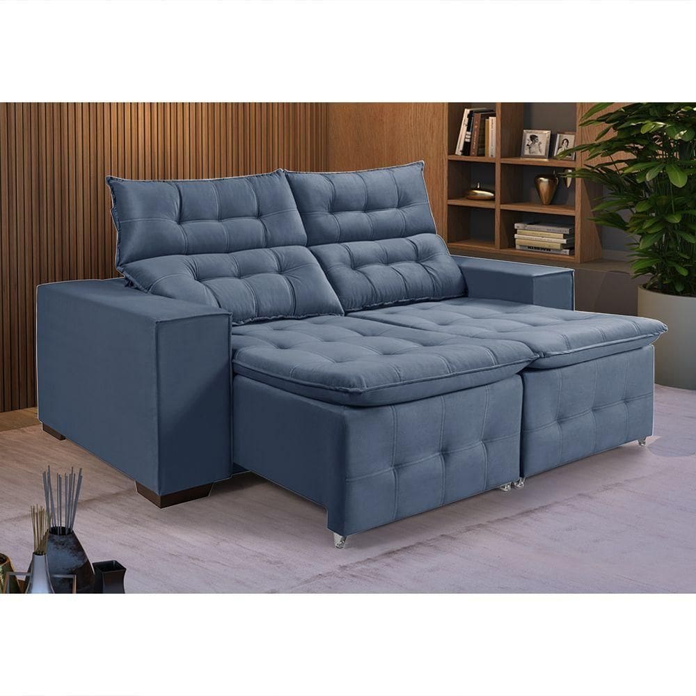 Sofá Retratil Reclinável 3 Lugares Pillow Em Veludo 1,90 Denin Azul