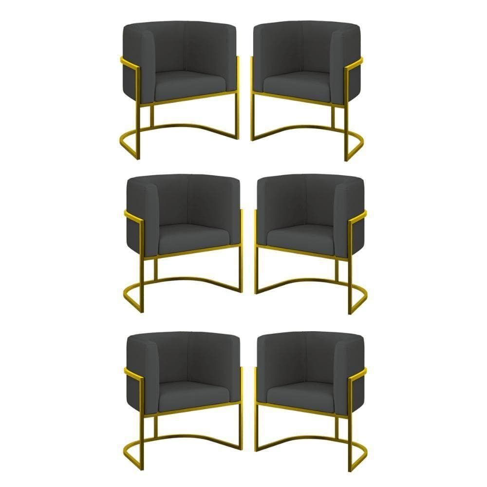 Kit 06 Poltronas Lua Sala Decorativa Base Ferro Gold Corino Cinza