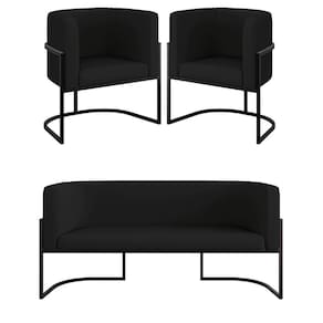 Kit 2 Cadeiras Poltronas + Sofá 2 Lugares Base Preta Corino Preto