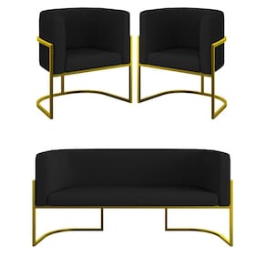 Kit 2 Cadeiras Poltronas + Sofá 2 Lugares Base Gold Corino Preto