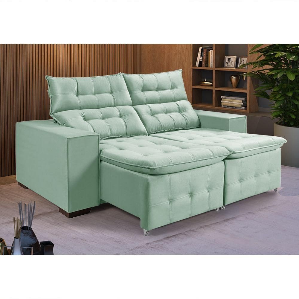 Sofá Retratil Reclinável Pillow Em Veludo 1,90 Acqua Verde