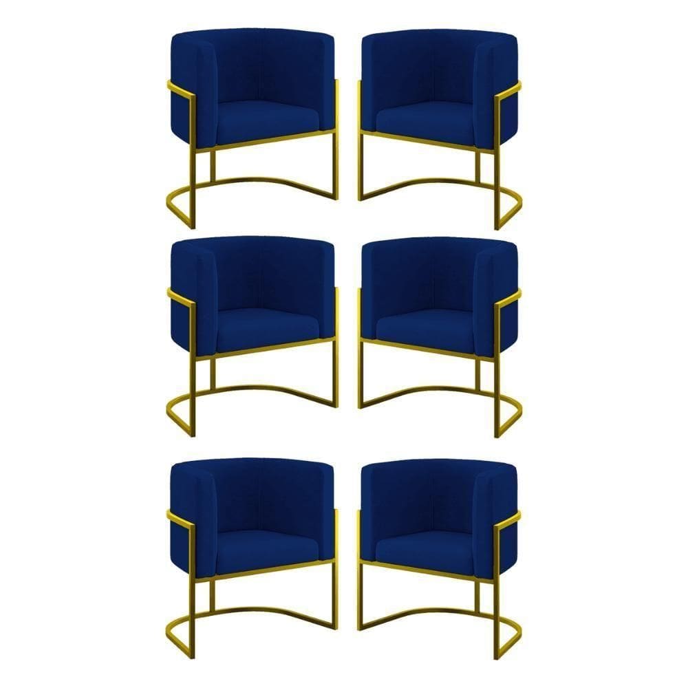 Kit 06 Poltronas Lua Sala Decorativa Base De Ferro Gold Azul Marinho