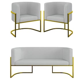 Kit 2 Poltronas + Sofá 2 Lugares Base De Metal Gold Bouclê Cinza
