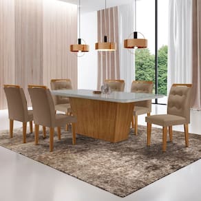 Mesa para Sala de Jantar Aida 180cm MDF Canto Copo com Vidro e 6 Cadeiras Carol Moderna Mobília