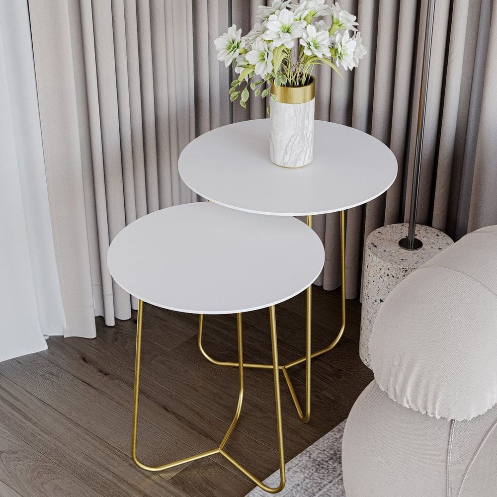 Conjunto Mesa de Canto Trude 55cm X 45cm X 45cm Branco/ Dourado