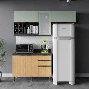 Cozinha Compacta Orquídea 180cm 3 Peças, 5 Portas e 3 Gavetas com Divisor de Talheres e Tampo Cz1202 Mármore Lunar/Freijó/Verde Mar