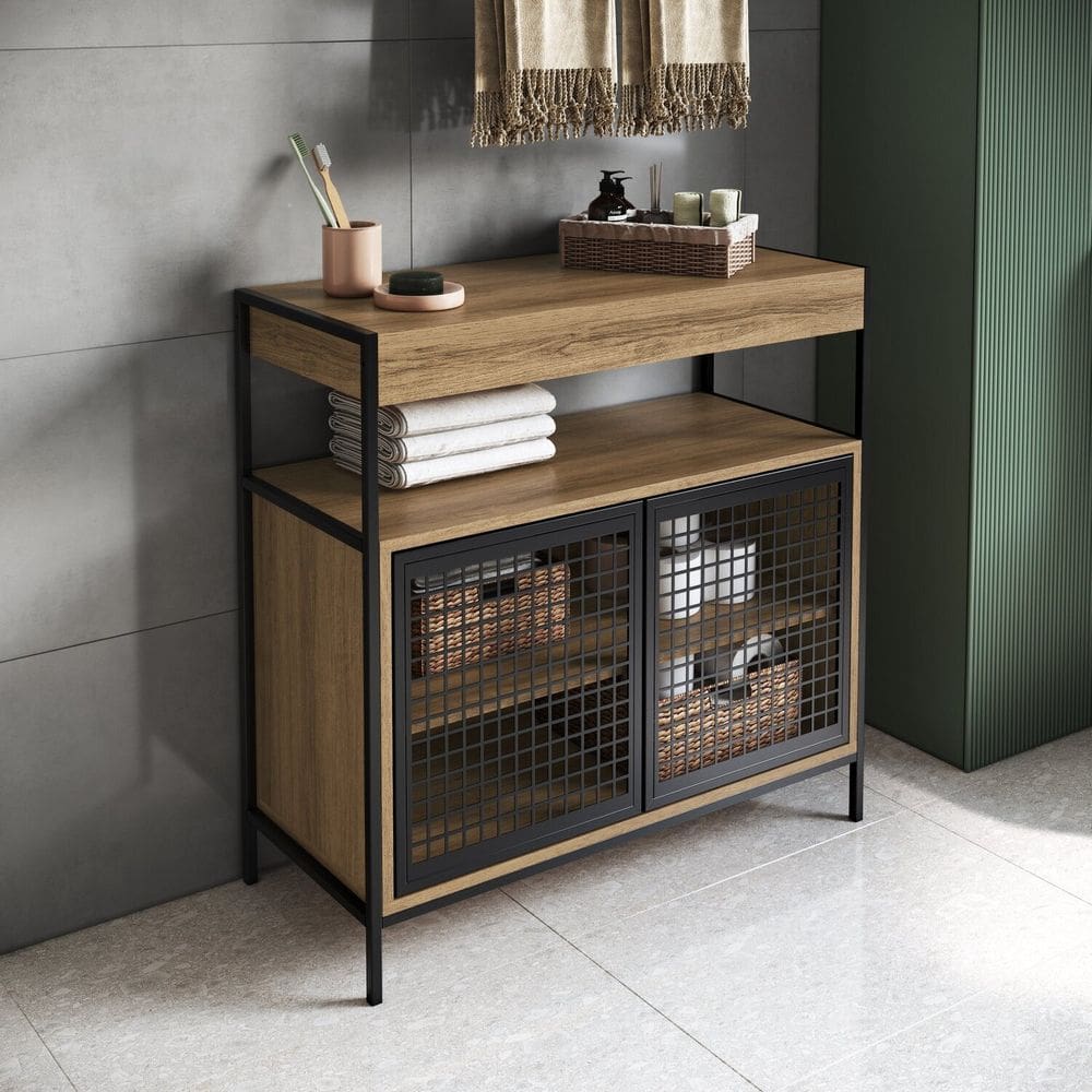 Armário Gabinete de Banheiro 80cm Estilo Industrial com 2 Portas Preto/Mel