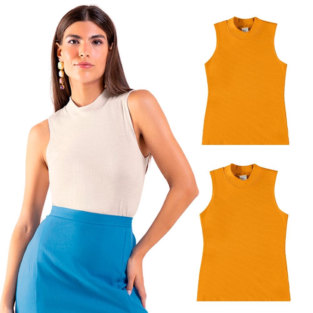 Kit 2 Blusas Feminina Cavada Gola Alta Malha Canelada