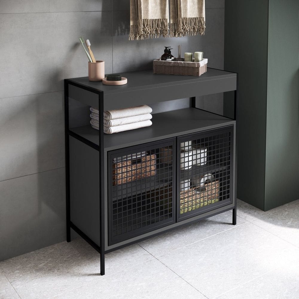 Armário Gabinete de Banheiro 80cm Estilo Industrial com 2 Portas P1038 sem Cuba Preto/Grafite