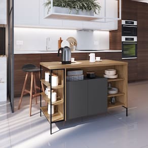 Mesa Bancada Gourmet Estilo Industrial 131cm com Armario 2 Portas Preto/Mel/ Grafite