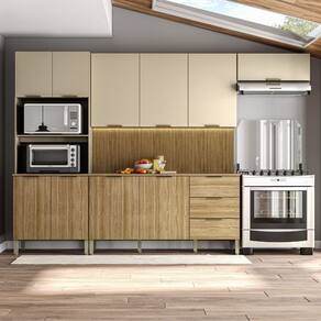 Cozinha Glam com Balcão com Tampo 320x217x53,3 Freijó/Vanilla/CP Ripado Freijó