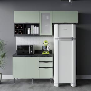 Cozinha Compacta Orquídea 180cm 3 Peças, 5 Portas e 3 Gavetas com Divisor de Talheres e Tampo Cz1202 Mármore Lunar/Verde Mar