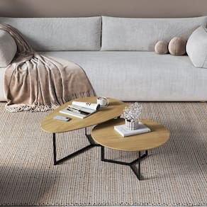 Conjunto Mesa de Centro Trento Organica e Redonda 35cm X 90cm X 60cm - 30cm X 67cm X 67cm Natural Tawary/Preto