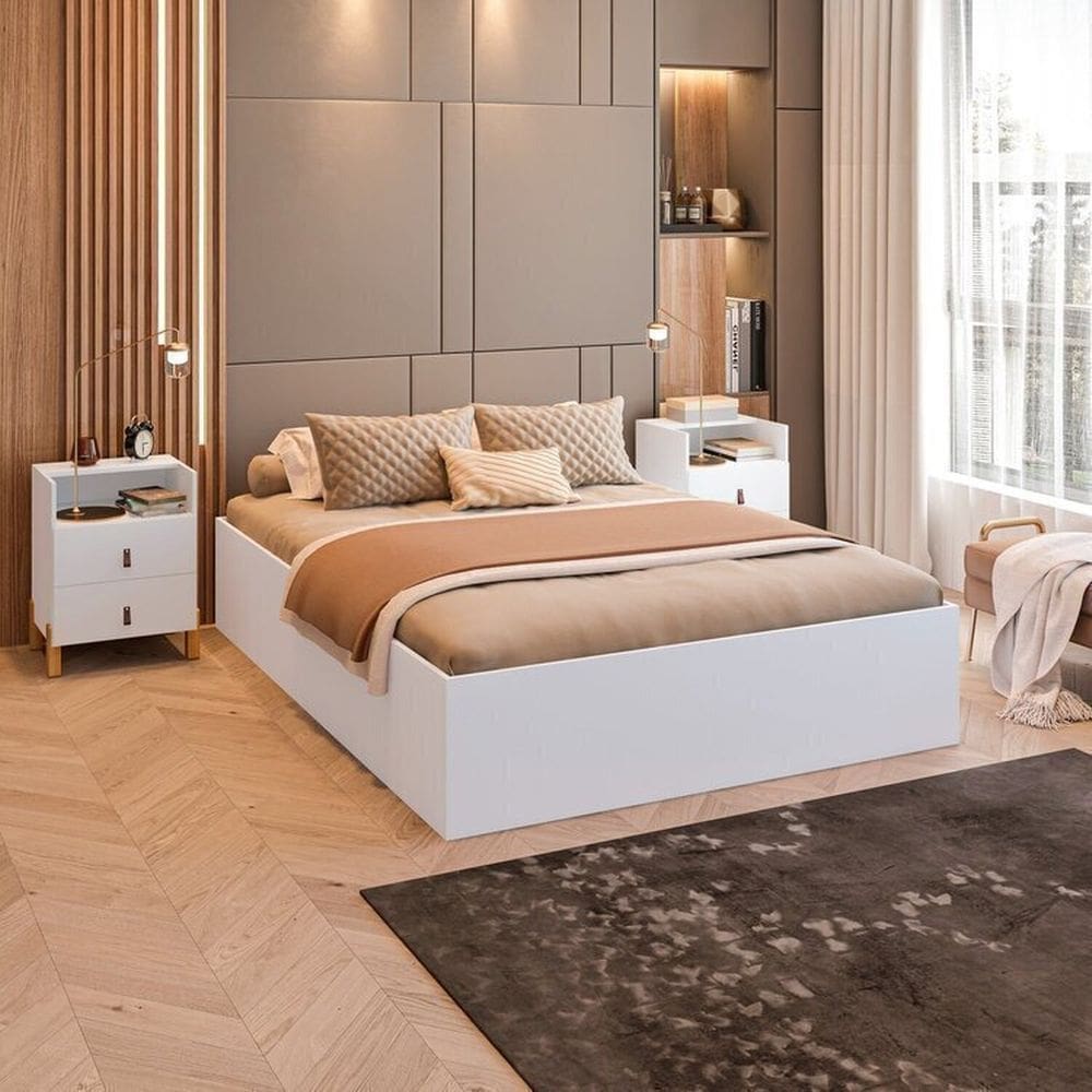 Conjunto Cama Box Casal Lia com Mesa de Cabeceira com 1 Nichos e 2 Gavetas Domus Branco